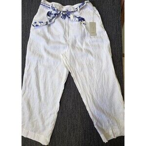 NWT XL Joie 100% Linen Wide Leg White Pants with Tropical Floral Belt Summer